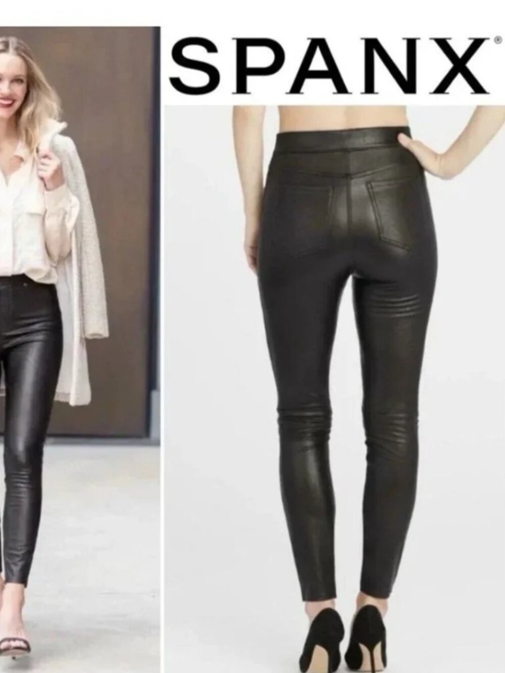 SPANX Leather Like Skinny Ankle Pull-On Pants Classic Black Womens Size Med Tall